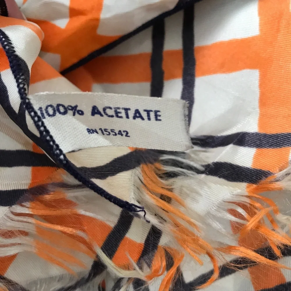 SCARF NAVY IVORY ORANGE NOVA CHECK SATIN FRINGE HEM